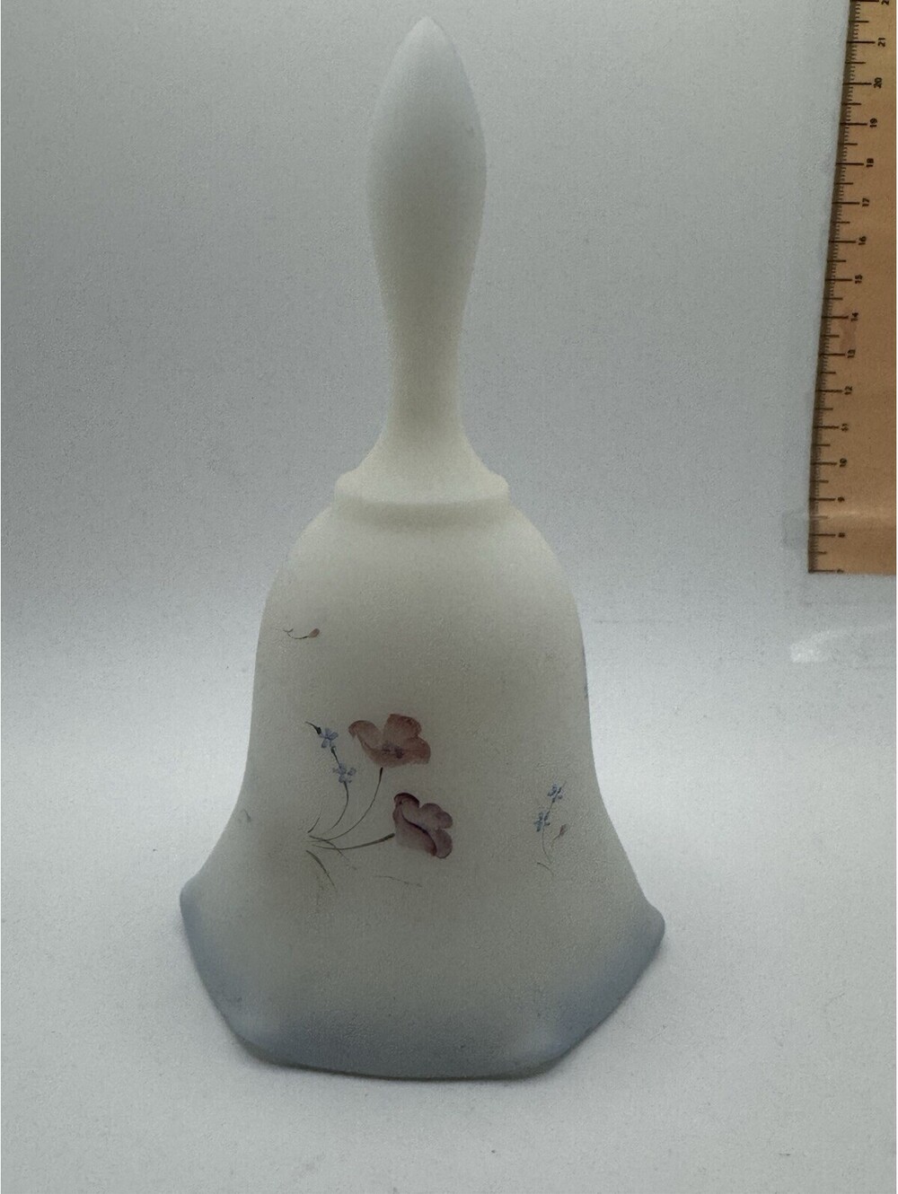FENTON FROSTED WHITE GLASS BELL PINK FLOWERS HAND PAINTED SIGNED D BARBOUR
